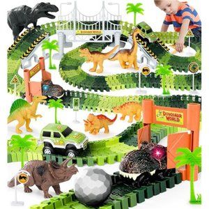 Dinosaur Toys, 201Pcs Create A Dinosaur World Road Race with Rolling Ball 8 Dino